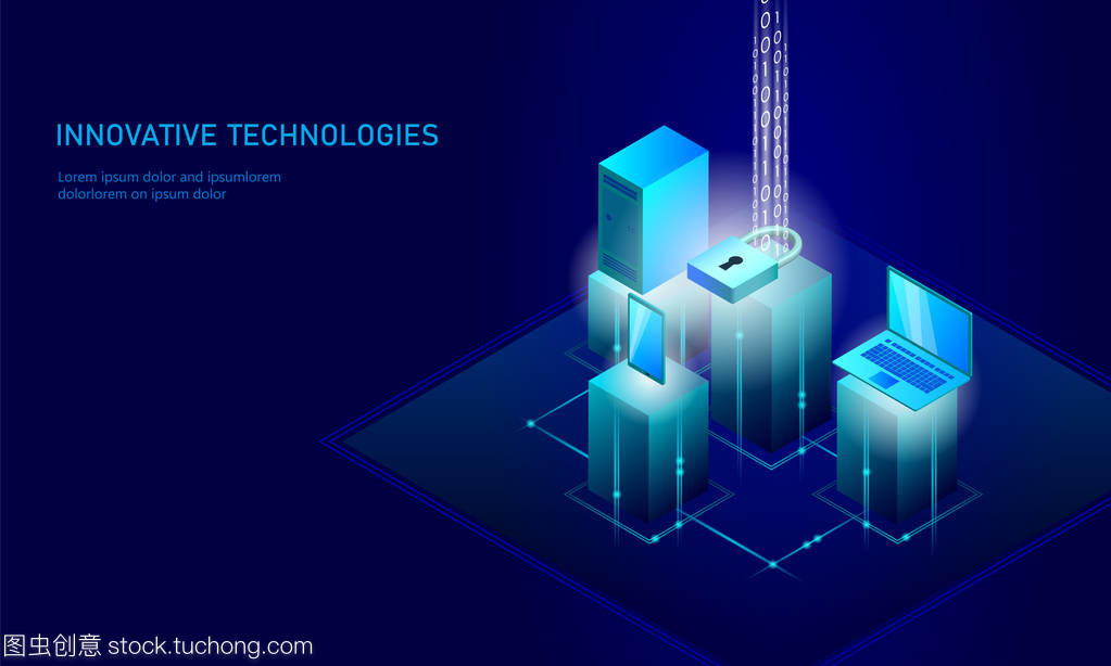 等距互聯網安全鎖業務理念。藍色發光等距個人信息數據連接 pc 智能手機未來技術。3d 圖表矢量圖