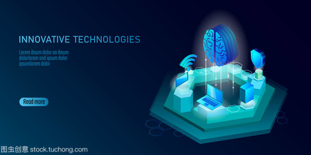 等距人工智能業務概念。藍色發光等距個人信息數據連接 pc 智能手機人腦未來技術。3d 圖表矢量圖