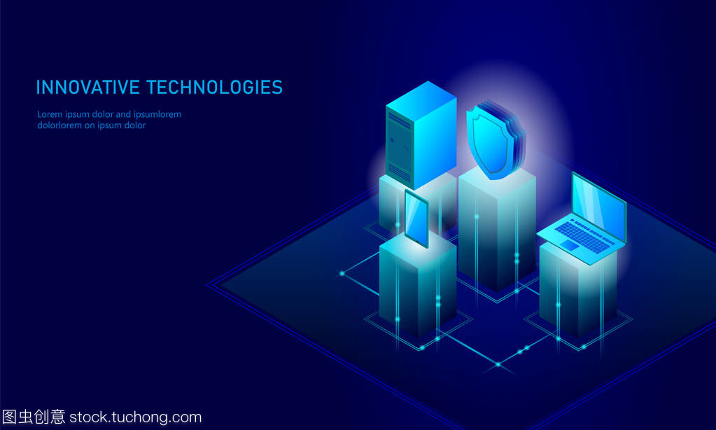 等距互聯(lián)網安全盾的經營理念。藍色發(fā)光等距個人信息數(shù)據(jù)連接 pc 智能手機未來技術。3d 圖表矢量圖